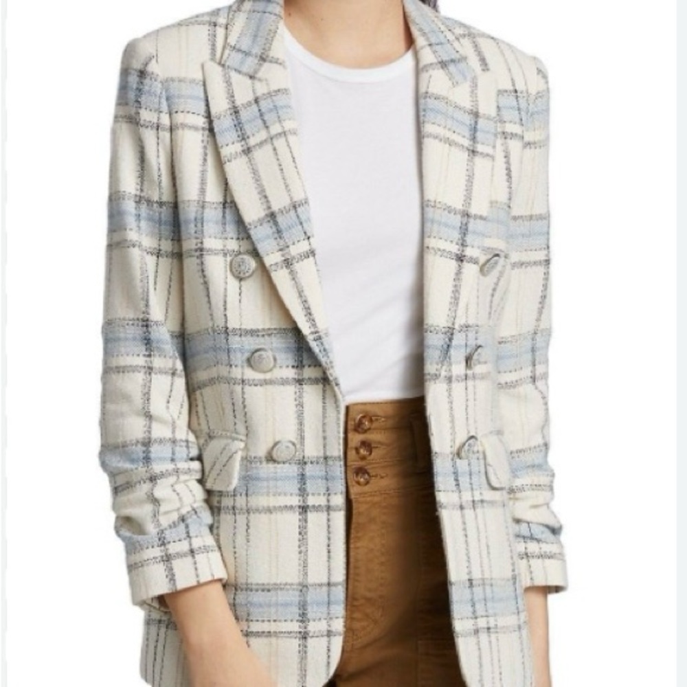Veronica Beard Cream and Light Blue Plaid Double-Breasted Blazer - Picture 2 of 7